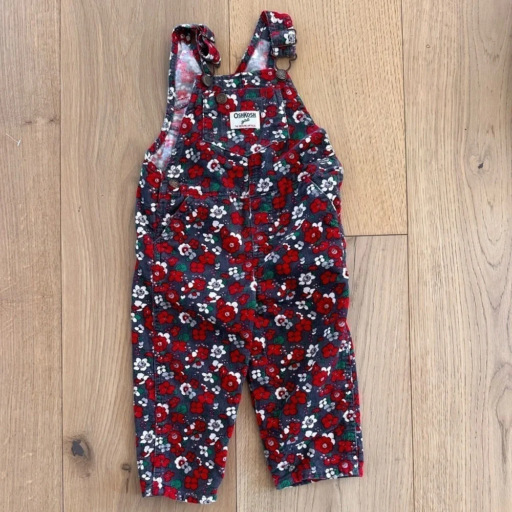 OshKosh B'Gosh red flower corduroy overalls 18m